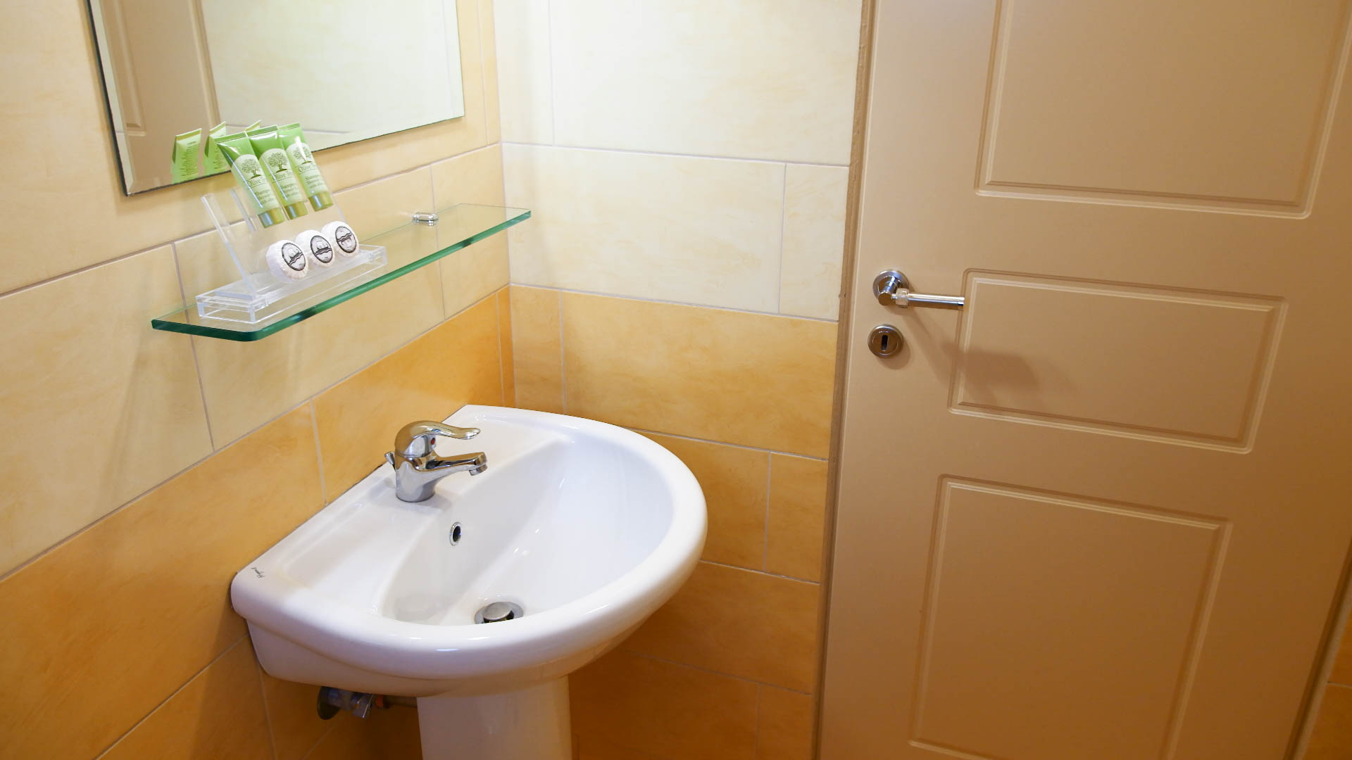 A sink, a mirror, and small shampoos.